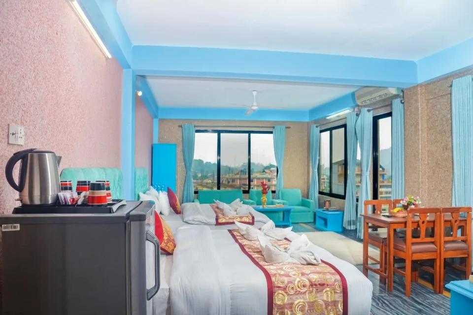 Exterior architecture and grounds of Hotel Trekkers Inn in Pokhara, Nepal