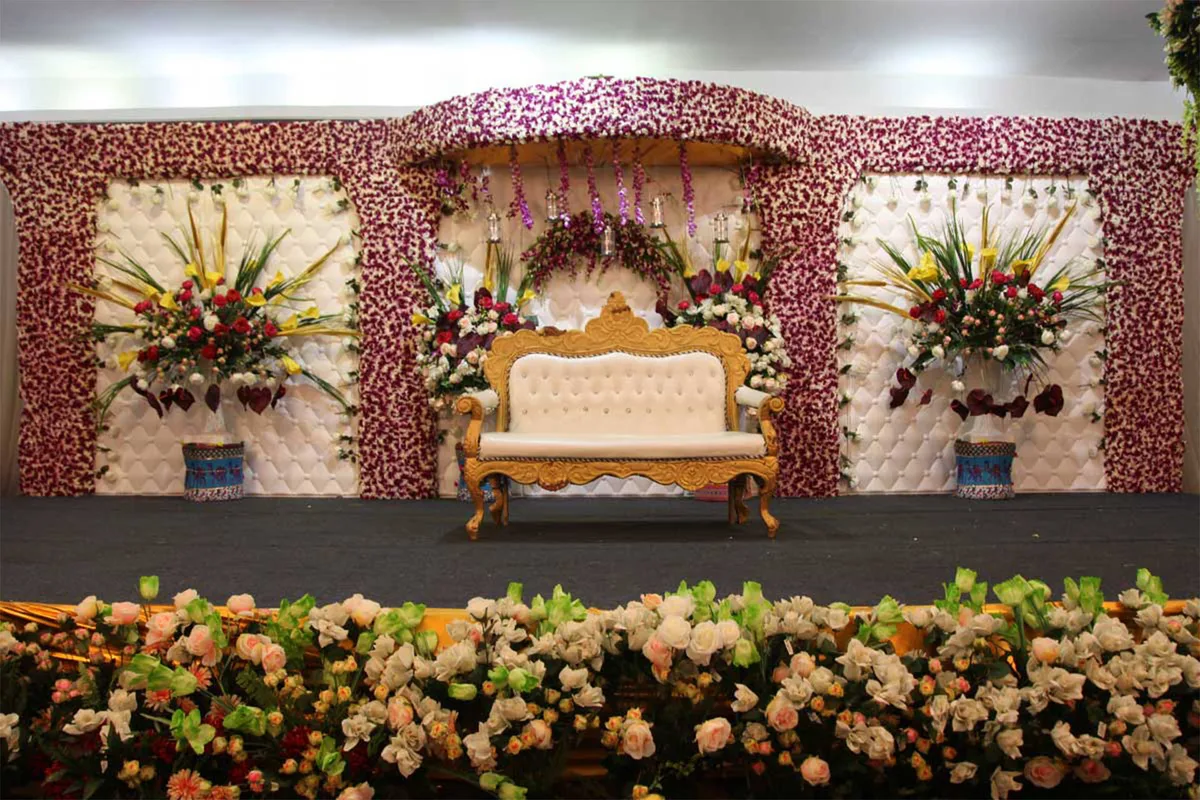 Flower-decorated event stage at Pokhara Grande